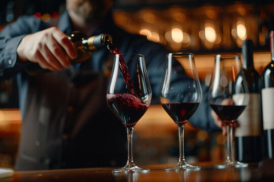 Generative AI image of sommelier pouring wine into glass during professional wine tasting in restaurant