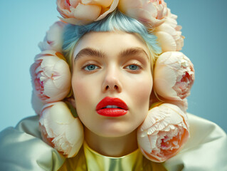Fototapeta premium Artistic close-up of a woman wearing a crown of pale pink peonies. Bold makeup with vivid red lips stands out against a pastel backdrop.