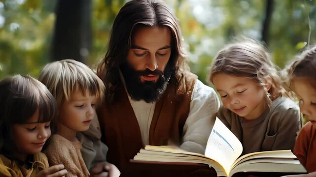 Man resembling Jesus teaching children. Concept: religion and innocence. Warm, natural lighting.