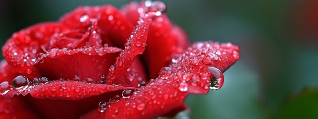 A close-up of a red rose with water droplets, highlighting its beauty and freshness.