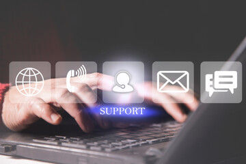 Business people click Customer Support on global structure network, Customer Service, Assistance, Solutions, Satisfaction, and Accessibility. Technical support customer service call center 24-7 online