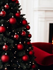 A beautifully decorated Christmas tree with vintage glass ornaments, ribbons, and garlands, next to a fireplace with a warm, glowing fire and stacks of books.
