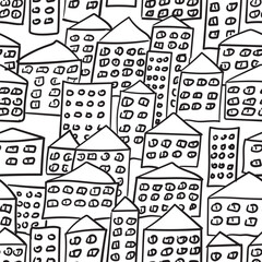 Seamless Vector Pattern of Simple Houses with Many Windows in Black and White