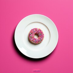 Delicious pink sprinkle donut on a white plate close-up photography bright background food art