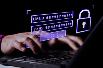 A modern login interface concept showing username and password fields on a laptop screen, with a...