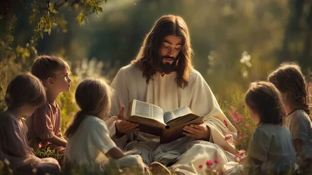 Man resembling Jesus teaching children. Concept: religion and innocence. Warm, natural lighting.