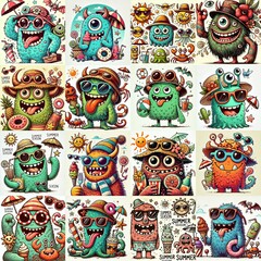 Obraz premium Cartoon spring monsters. AI generated illustration