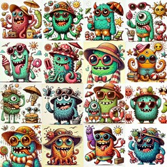 Fototapeta premium Cartoon spring monsters. AI generated illustration