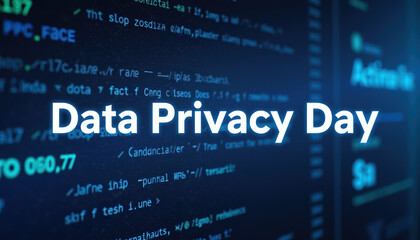Obraz premium Informative banner for Data Privacy Day featuring a vibrant green background, emphasizing the importance of data protection and cybersecurity practices.
