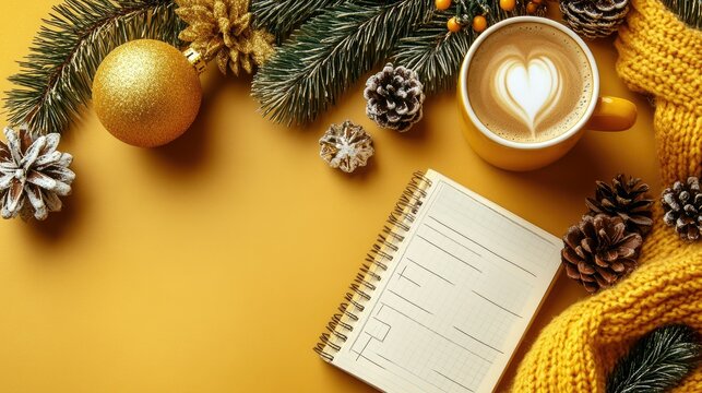 Cup of coffee, holiday decorations and notebook with to do list on a golden background.  Overhead view. Flat lay