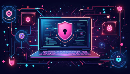 Dynamic Data Privacy Day banner featuring vibrant background visuals and a digital shield graphics on a laptop, focusing on cybersecurity awareness and data protection.