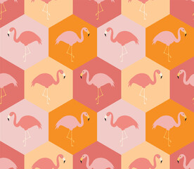 Seamless Vector Pattern of Flamingos in Hexagons with Pink and Orange Tones