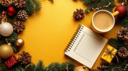 Fototapeta premium Cup of coffee, holiday decorations and notebook with to do list on a golden background. Overhead view. Flat lay