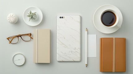 Smartphone case with a marble pattern, elegantly placed next to decorative items