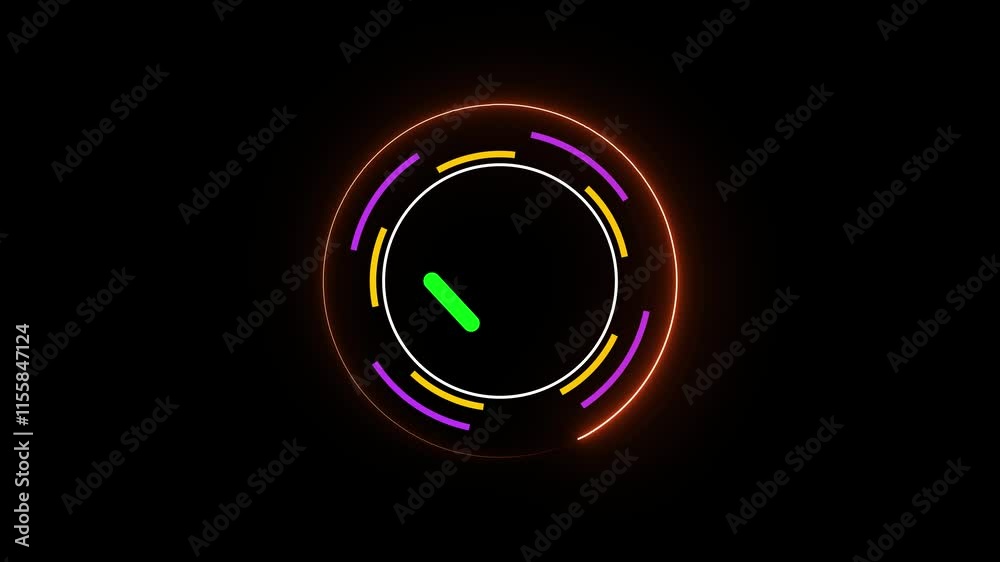 Poster glowing neon circle loading and processing bar animation on black background.