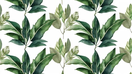 Watercolor Green Leaves Plant Seamless Pattern, Showcasing Fresh and Vibrant Nature with Delicate Botanical Details