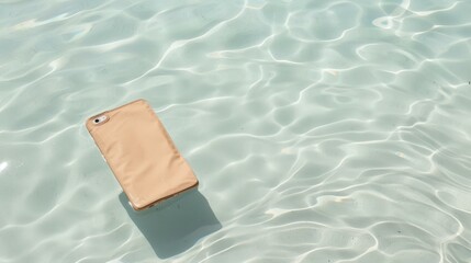 Waterproof phone pouch submerged halfway with a phone inside, copy space