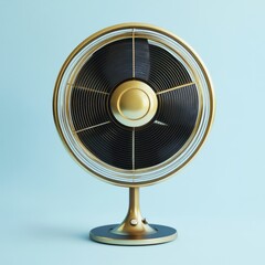 Gold and black vintage desk fan on blue background.
