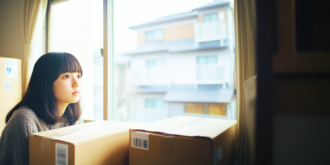 新生活で一人暮らしを始める期待と不安に満ちた女性。写真風素材。新生活。