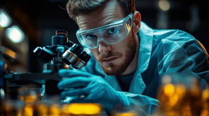 Young scientist with curly hair and glasses focused on research in a laboratory setting