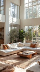 Fototapeta premium Sunlit modern living room with large windows and cozy furnishings surrounded by greenery