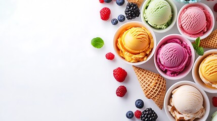 Obraz premium Design a vibrant top-down layout of multiple bowls filled with bright, colorful ice cream flavors