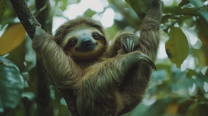 Fototapeta premium Sloth resting on a branch in a vibrant tropical rainforest during daylight hours