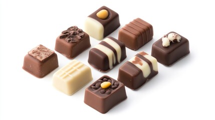 Fototapeta premium Assorted gourmet chocolates with diverse fillings in an elegant arrangement on a clean surface
