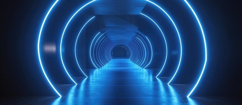 3D illustration of glowing blue circular light lines in a dark tunnel creating a futuristic atmosphere with space for text insertion - Powered by Adobe