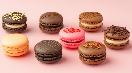Fototapeta premium Assorted colorful macarons collection on pink backdrop tempting confections for dessert lovers high quality stock image