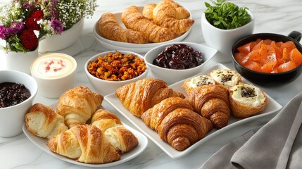 Assorted pastries with spreads coffee and fresh fruits arranged on a marble countertop elegantly presented for breakfast or brunch setting