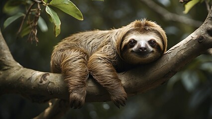 Fototapeta premium A sloth hangs lazily from a tree branch, its slow movements barely noticeable in the thick 