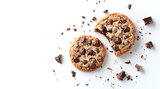 Design an appetizing image featuring choco chip cookies with a broken piece and scattered crumbs, alongside a sweet chocolate biscuit pastry