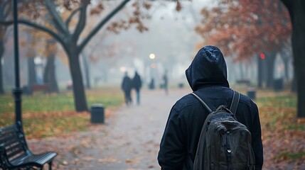 A man wearing a black hoodie and backpack is walking down a path in a park