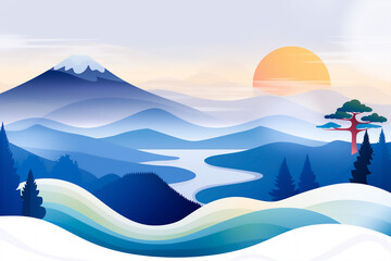 Serene landscape illustration featuring Mount Fuji, layered blue hills, a flowing river, and a vibrant sunrise. Copy Space