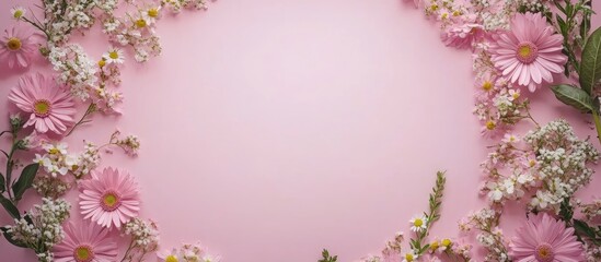 Fototapeta premium Floral border design with pink backdrop featuring spring flowers and ample copyspace for text enhancements or promotional messages