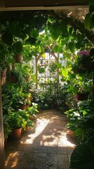 Lush indoor garden pathway surrounded by vibrant greenery and sunlight filtering through leaves