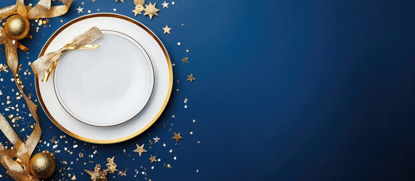 Elegant New Year celebration banner featuring a decorative plate and festive elements with ample copy space for personalized messages.