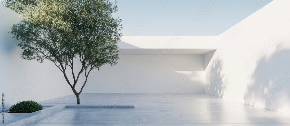 Poster minimalist 3d interior design featuring white walls and open space integrating outdoor elements with