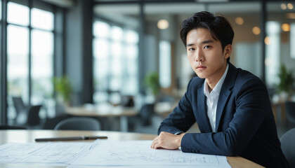 Young Korean architect posing next to drafting table in office