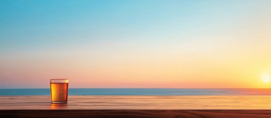 Scenic sunset view of a bar counter with a glass of drink overlooking the ocean under a clear blue sky with empty space for text