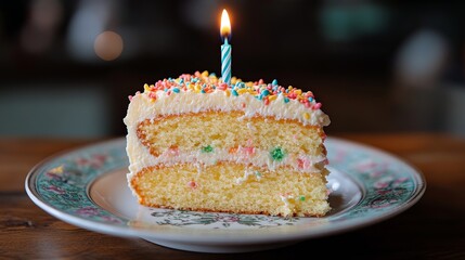 Layered cake slice with candle and raspberries for a celebration at a cozy setting