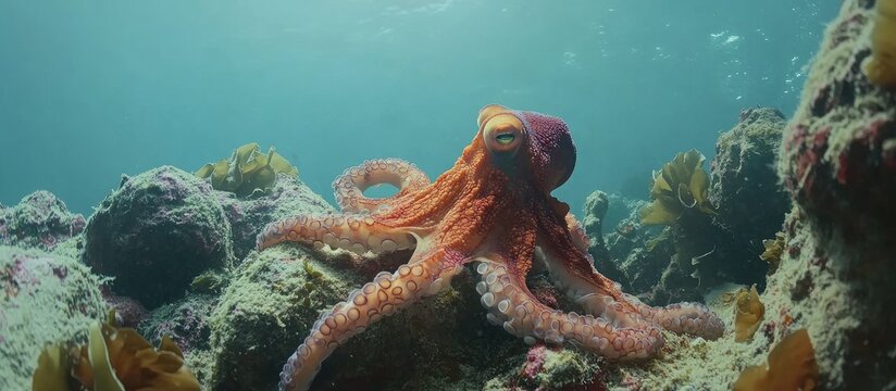 Banshee Octopus gracefully navigating its vibrant underwater habitat with ample copyspace for text inclusion
