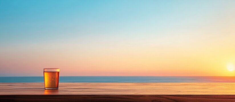 Scenic sunset view of a bar counter with a glass of drink overlooking the ocean under a clear blue sky with empty space for text