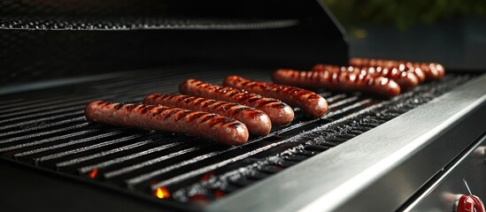 Outdoor Barbecue Grill with Grilled Sausages and Empty Space for Text or Promotions Ideal for Summer Cooking or Food Related Advertisements