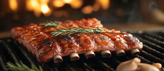 Barbecue Kitchen Gourmet Ingredients Grilled Ribs With Fresh Herbs On Grill Background For Text Space
