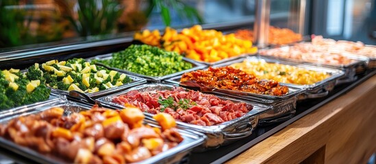 Barbecue food buffet display with a variety of grilled meats vegetables and ample space for text advertising or promotional material
