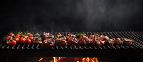 Delicious grilled meats on barbecue grill with vibrant tomatoes and herbs against smoky background and empty space for text or branding