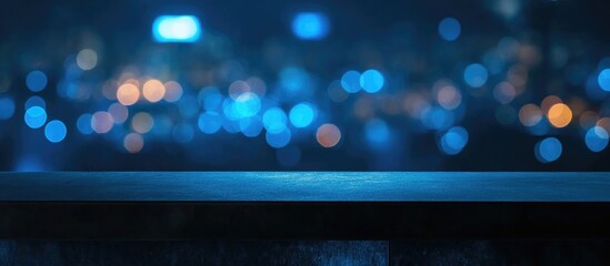 Elegant Dark Table Surface with Vibrant Blue City Lights Bokeh Background for Text Overlay in Nighttime Urban Setting