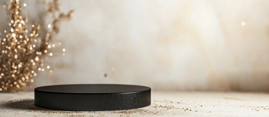 Black Display Podium for Branding and Packaging Luxury Products with Copyspace for Text on Elegant Background with Decorative Elements